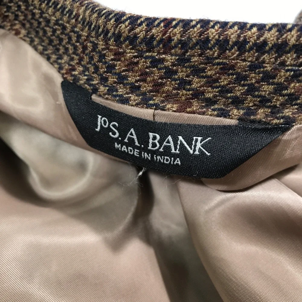 Vintage Jos A Bank Blazer 43R Wool Brown Houndstooth 2 Button Classic Sport Coat